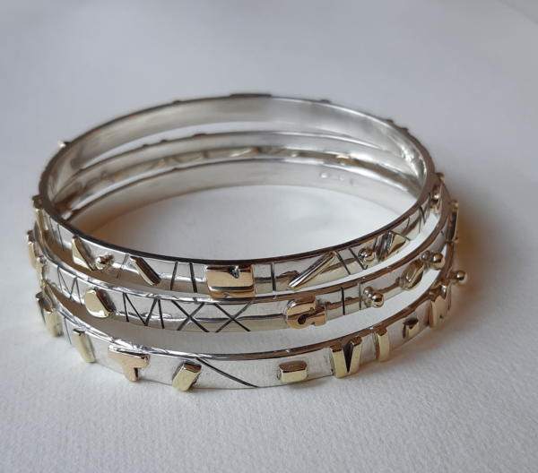  Bangles for a special birthday, incorporating remodelled gold with eco-silver.