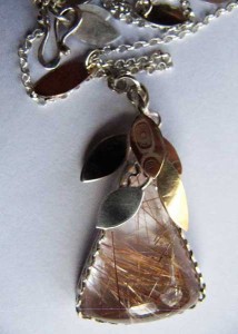 Silver, copper, gold  rutilated quartz necklace