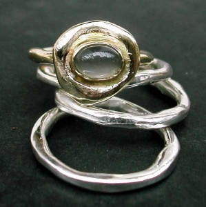   "Melt" ring set, silver, gold and moonstone